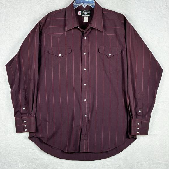 VTG Flying R Ranchwear Pearl Snap Western Shirt Mens L 17-35 Maroon Red Striped - Picture 2 of 10